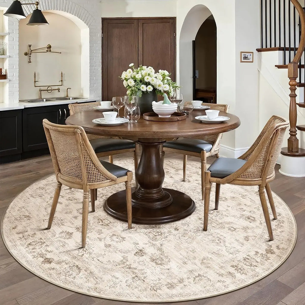 Round Vintage Floral Area Rug — Soft Cream & Beige Living Room Circle Rug