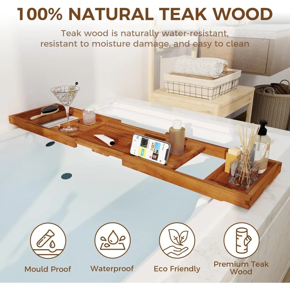 Expandable Bamboo Bath Caddy Tray with Tablet & Wine Glass Holder