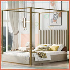 Luxe Gold Canopy Bed Frame with Upholstered Wingback Headboard | Queen Size