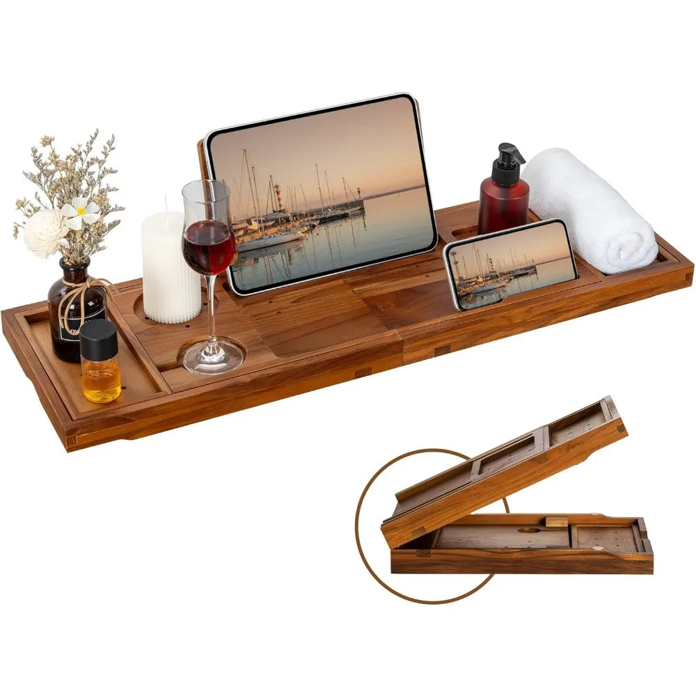 Expandable Bamboo Bath Caddy Tray with Tablet & Wine Glass Holder