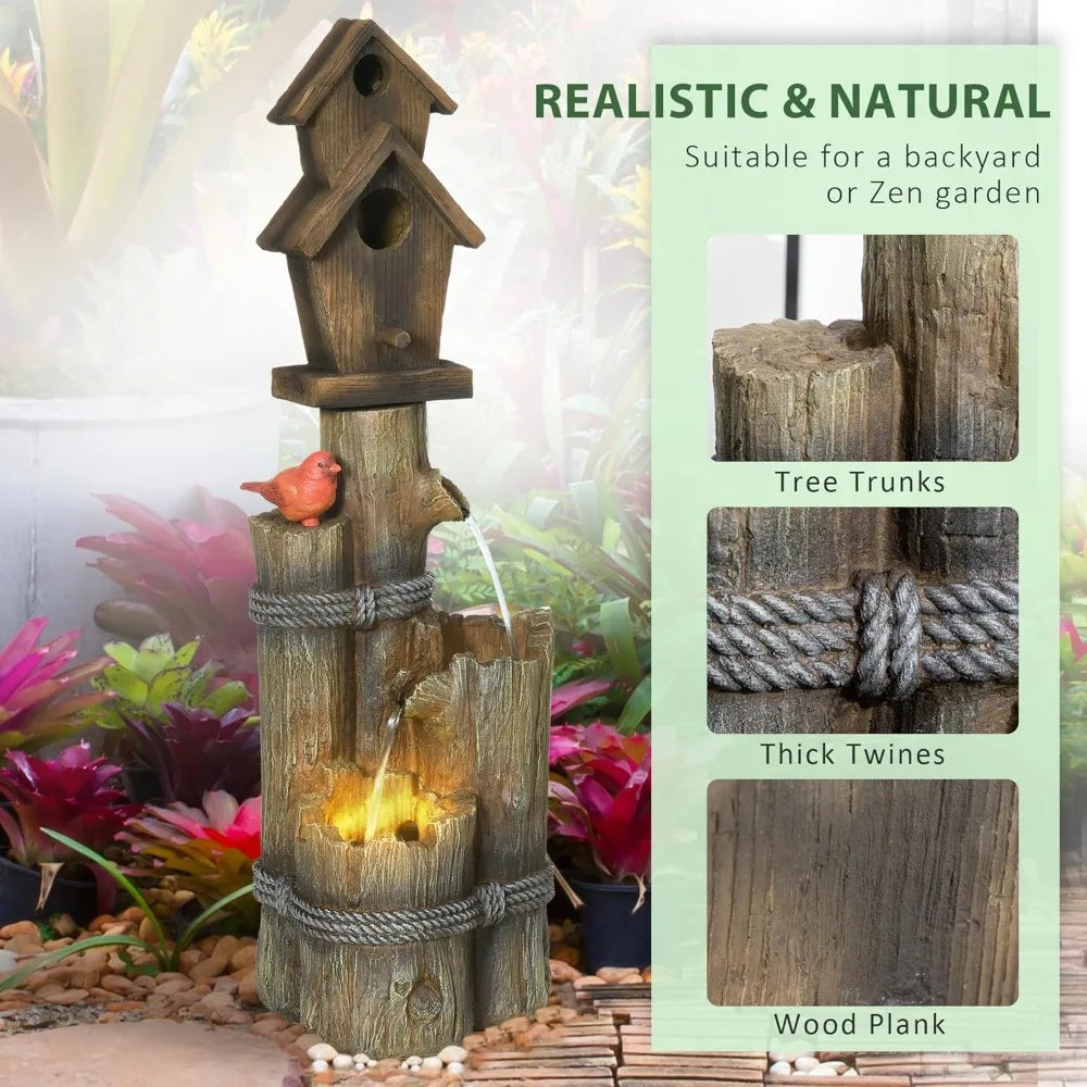 Rustic Birdhouse Wood Post Outdoor Fountain with LED Light