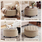 Round Fabric Storage Ottoman with Removable Tray Top