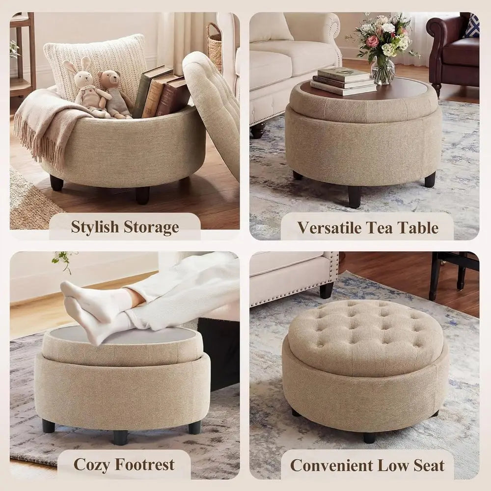Round Fabric Storage Ottoman with Removable Tray Top