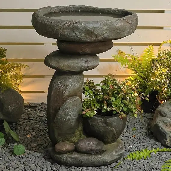 Stacked Stone Birdbath Garden Fountain with Planter Bowl
