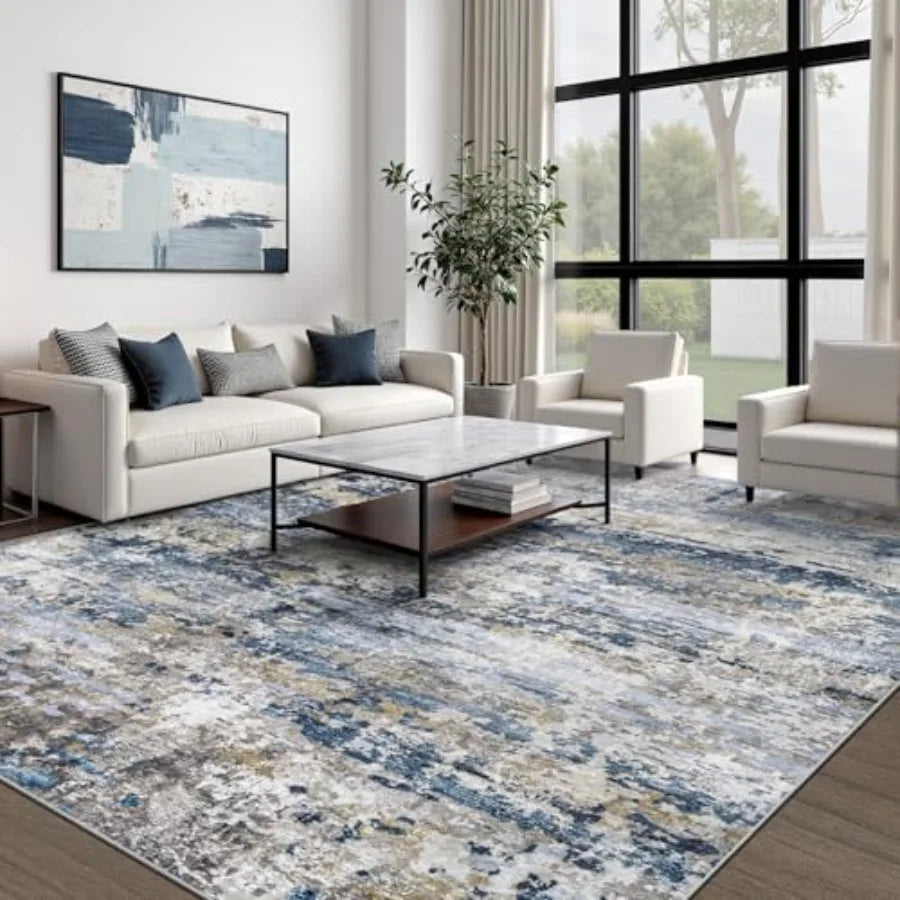 Abstract Watercolor Area Rug — Blue, Gray & Brown Modern Living Room Rug