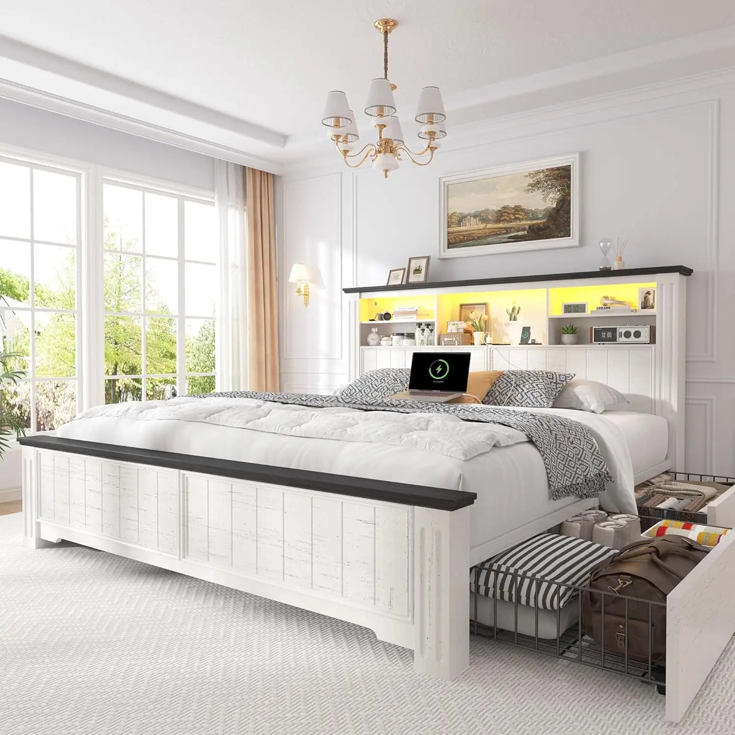 Modern White LED Bed Frame with Storage Headboard & Charging Station