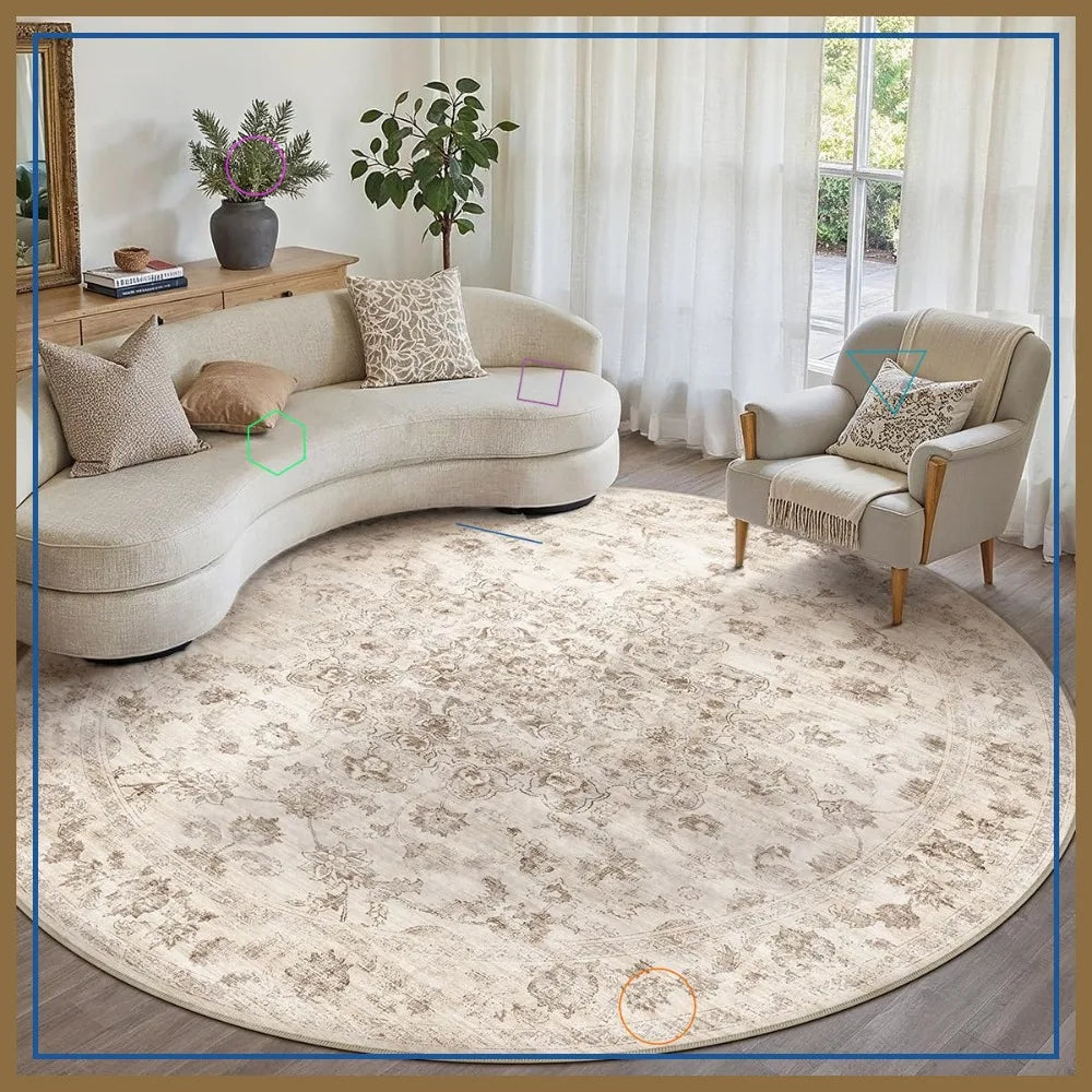 Round Vintage Floral Area Rug — Soft Cream & Beige Living Room Circle Rug