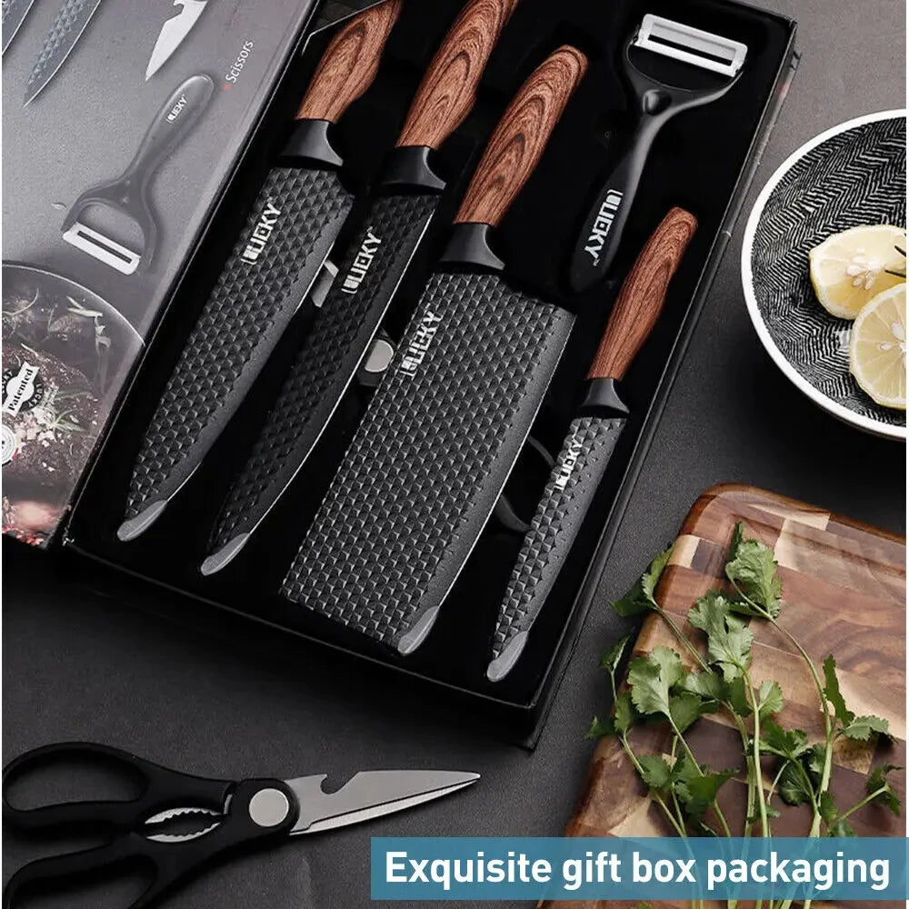 6-Piece Professional Chef's Knife Set with Dark Wood Handles & Gift Box