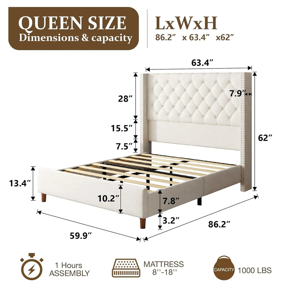 Luxury Diamond Tufted Upholstered Bed Frame - Queen