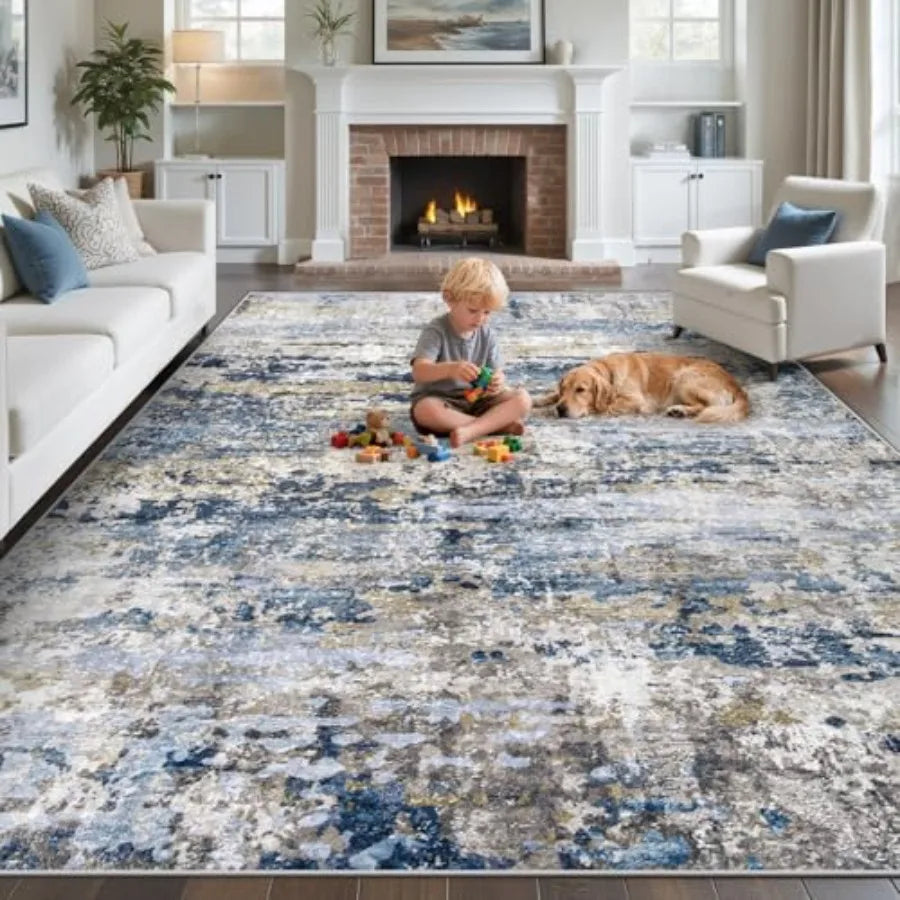 Abstract Watercolor Area Rug — Blue, Gray & Brown Modern Living Room Rug