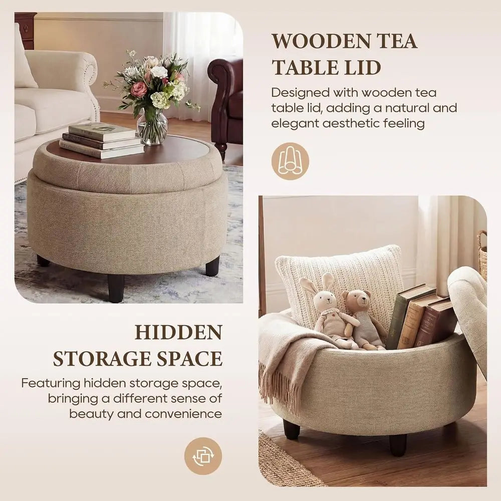 Round Fabric Storage Ottoman with Removable Tray Top