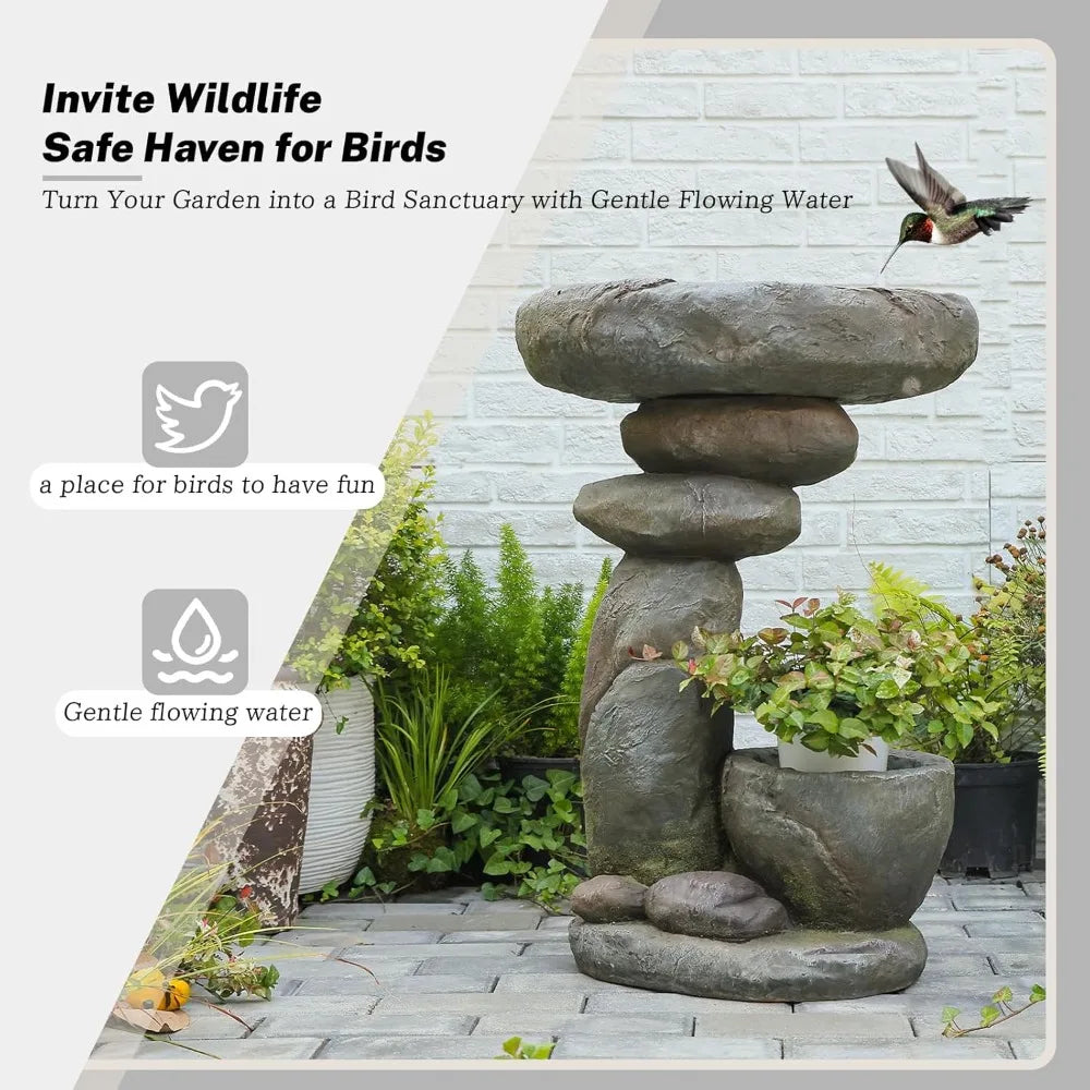 Stacked Stone Birdbath Garden Fountain with Planter Bowl