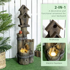 Rustic Birdhouse Wood Post Outdoor Fountain with LED Light