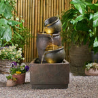 Three-Pot Tiered Cascading Outdoor Water Fountain with LED Lights