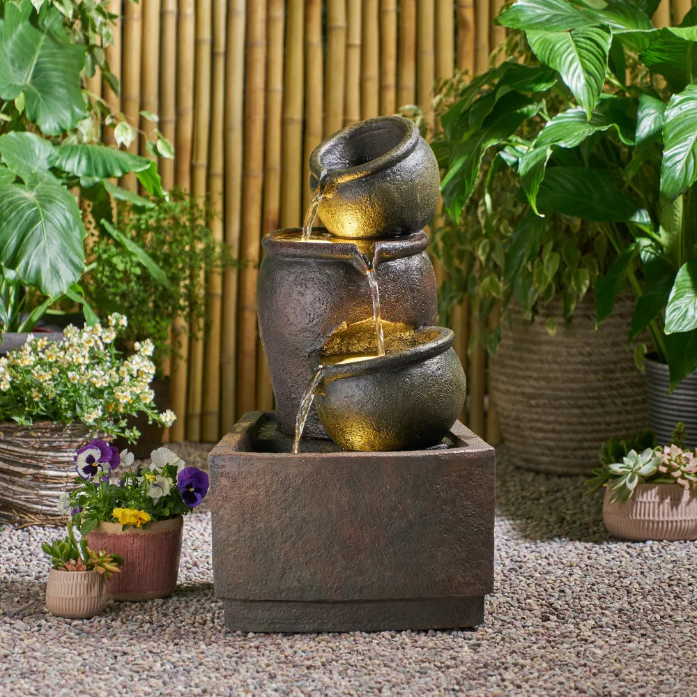 Three-Pot Tiered Cascading Outdoor Water Fountain with LED Lights