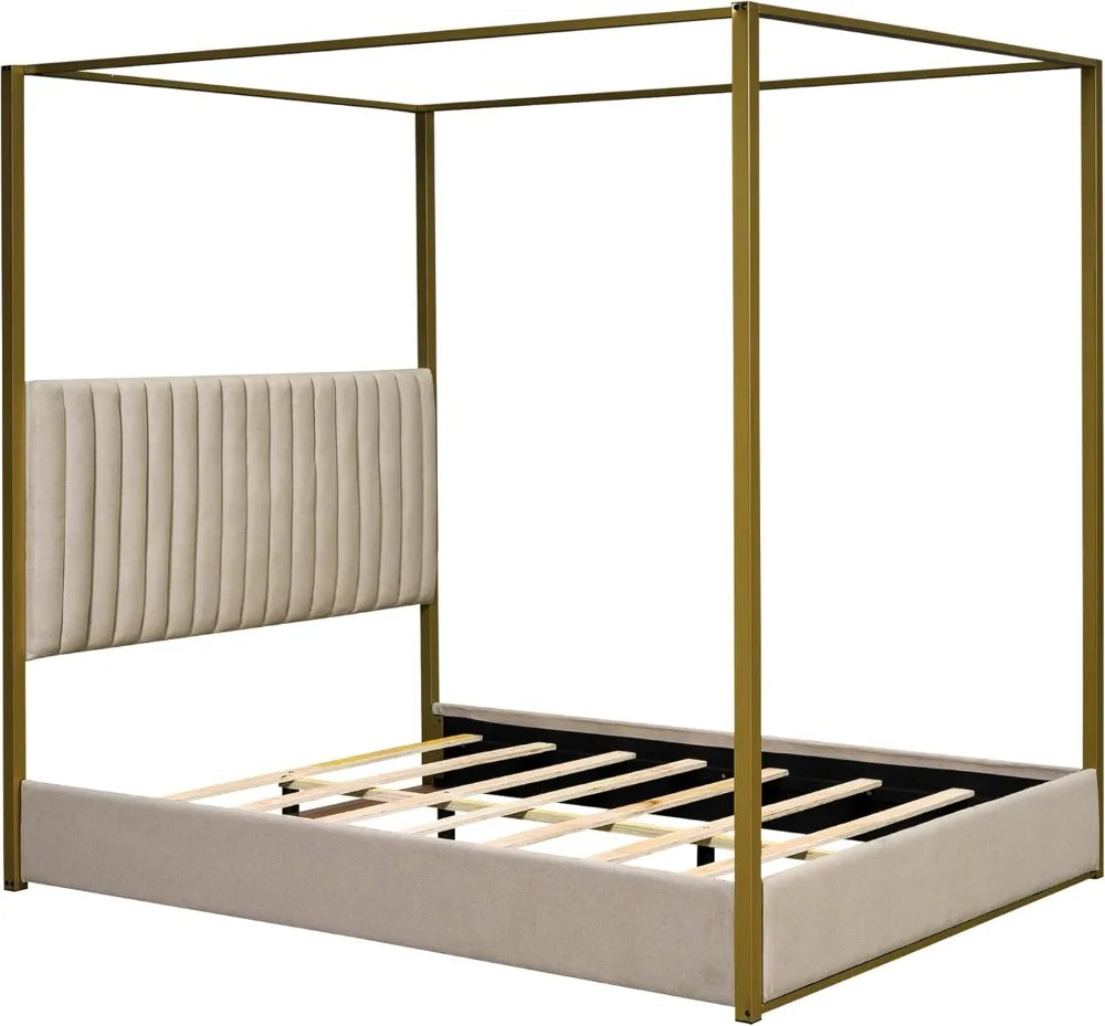 Luxe Gold Canopy Bed Frame with Upholstered Wingback Headboard | Queen Size