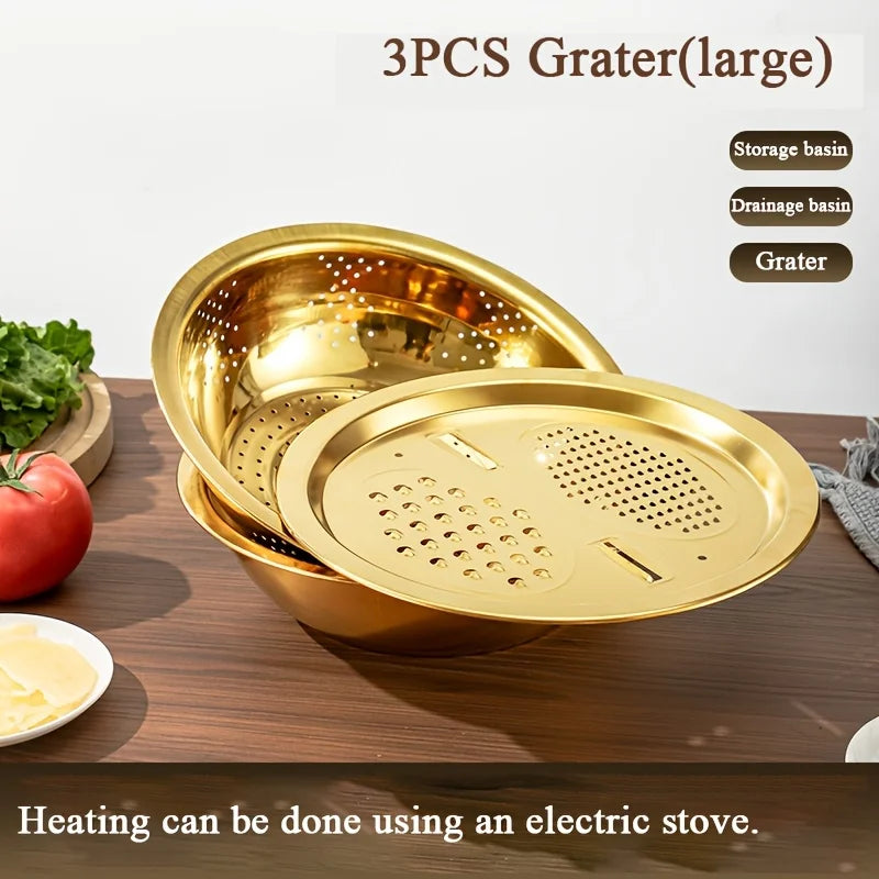 Gold Stainless Steel Multi-Function Grater & Colander Bowl Set