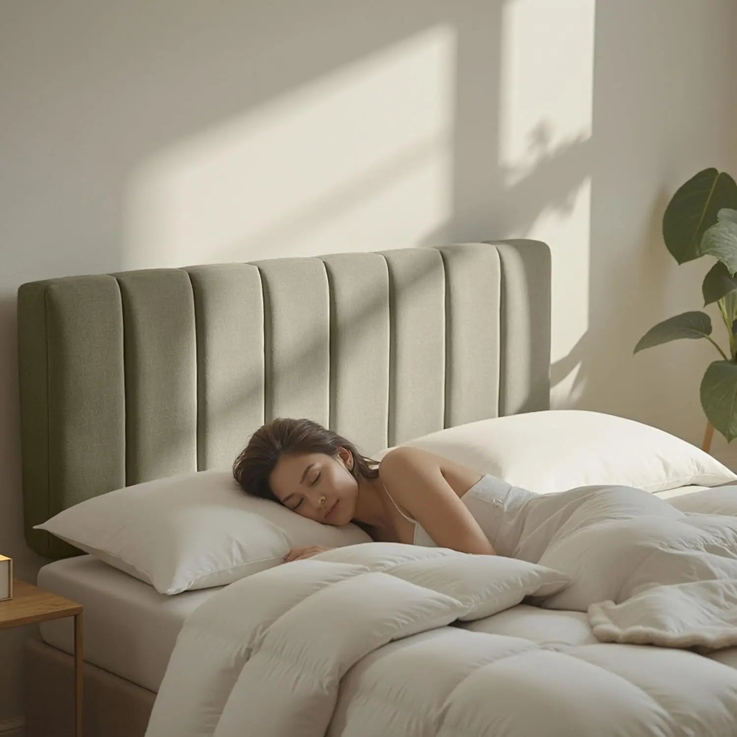 Channel Tufted Upholstered Headboard — Velvet Bedroom Headboard in Sage Taupe