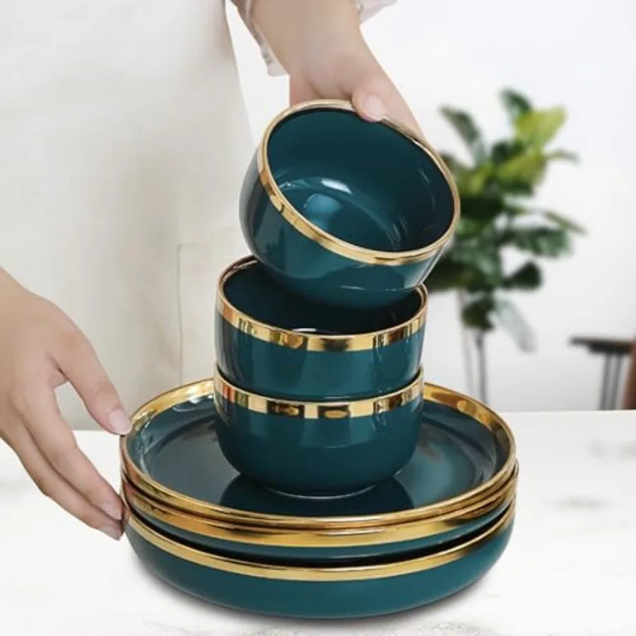 Emerald Gold Rim Ceramic Dinnerware Set