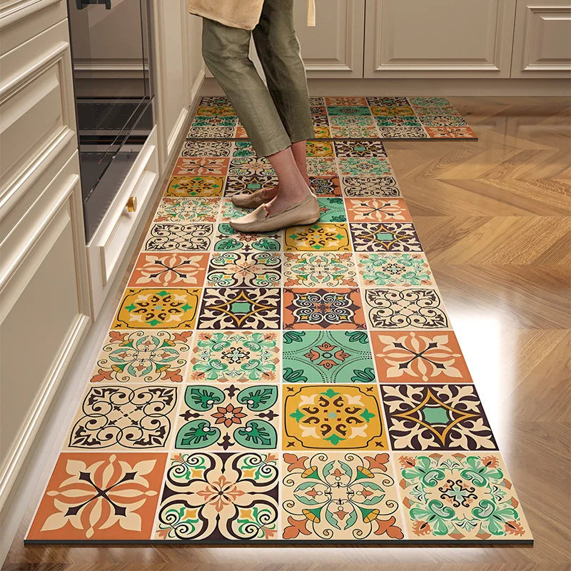 Moroccan Tile Pattern Kitchen Mat Set — Non-Slip Washable Floor Runner for Kitchen & Hallway