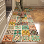 Moroccan Tile Pattern Kitchen Mat Set — Non-Slip Washable Floor Runner for Kitchen & Hallway