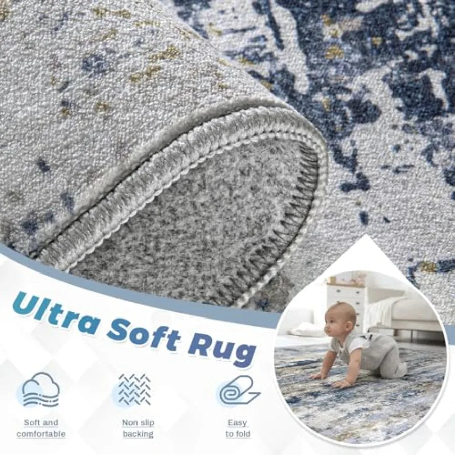 Abstract Watercolor Area Rug — Blue, Gray & Brown Modern Living Room Rug