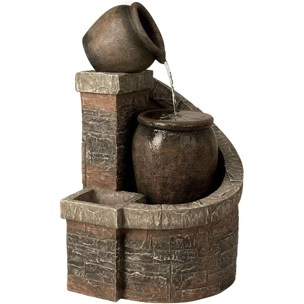 Stacked Garden Jug Outdoor Water Fountain with Brick Base