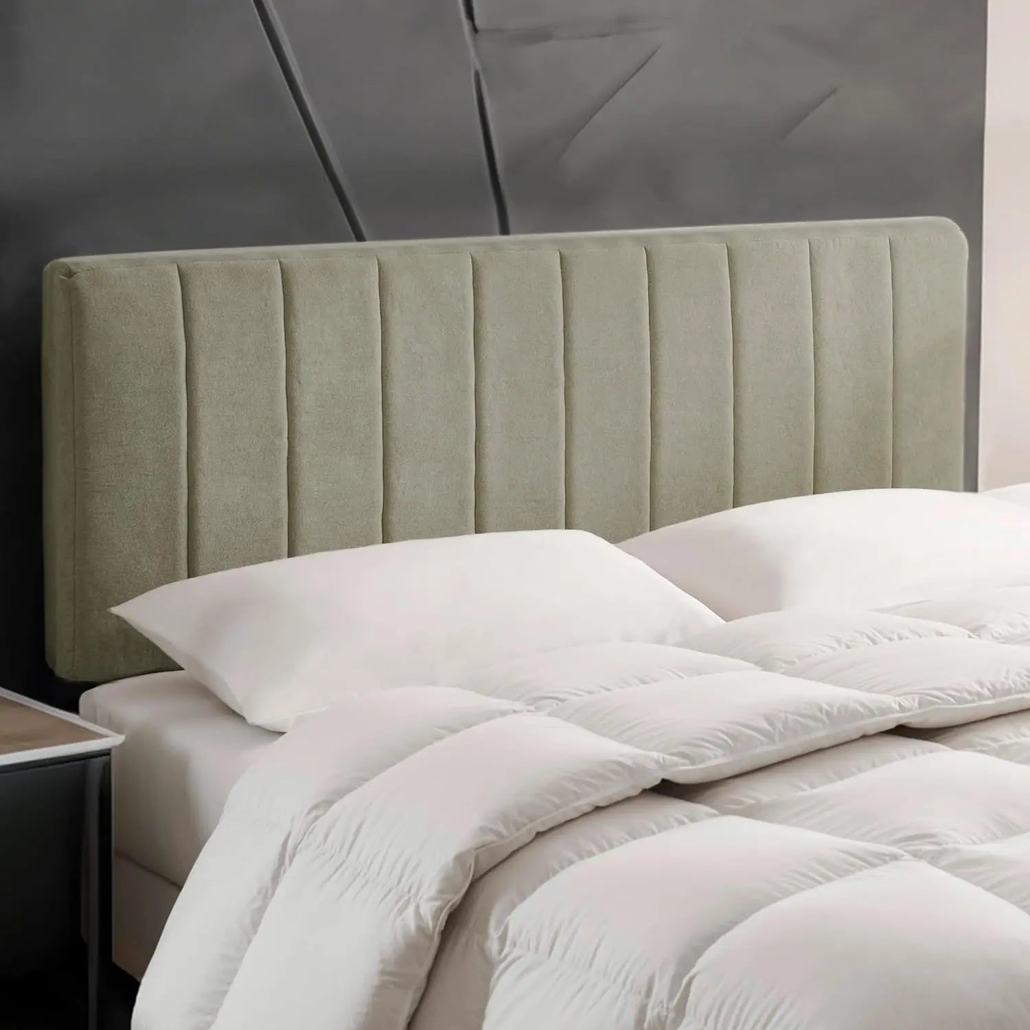 Channel Tufted Upholstered Headboard — Velvet Bedroom Headboard in Sage Taupe