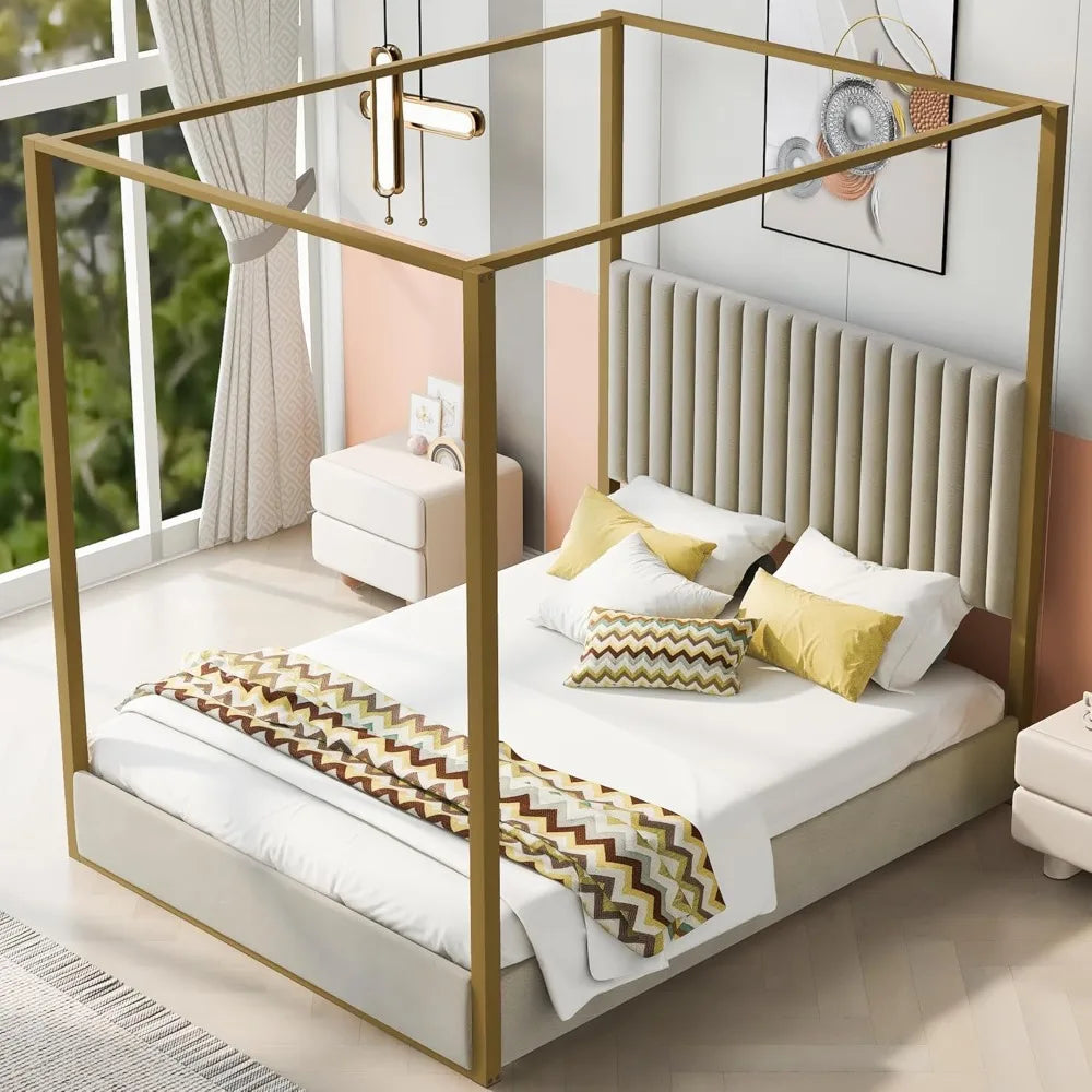 Luxe Gold Canopy Bed Frame with Upholstered Wingback Headboard | Queen Size