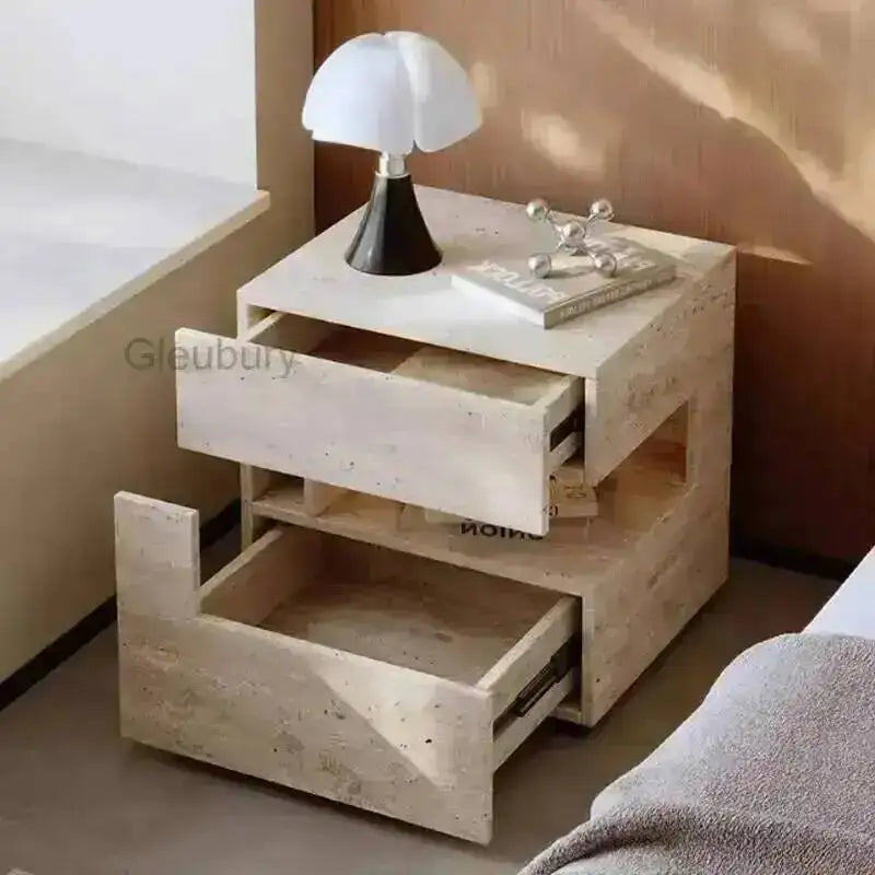 Travertine Stone Nightstand with LED Light Strip
