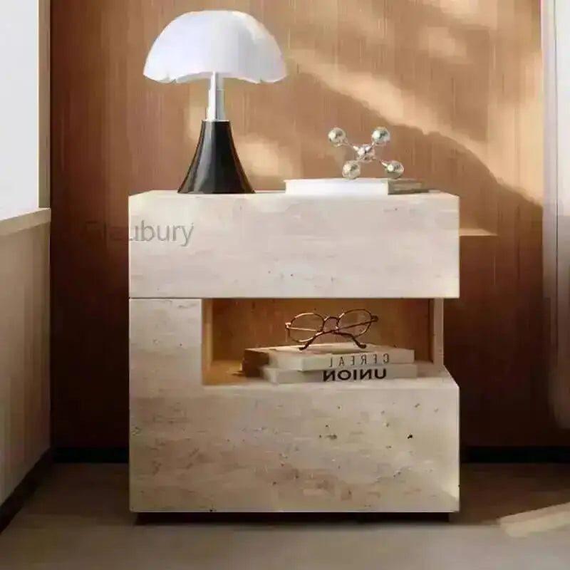 Travertine Stone Nightstand with LED Light Strip