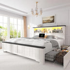 Modern White LED Bed Frame with Storage Headboard & Charging Station