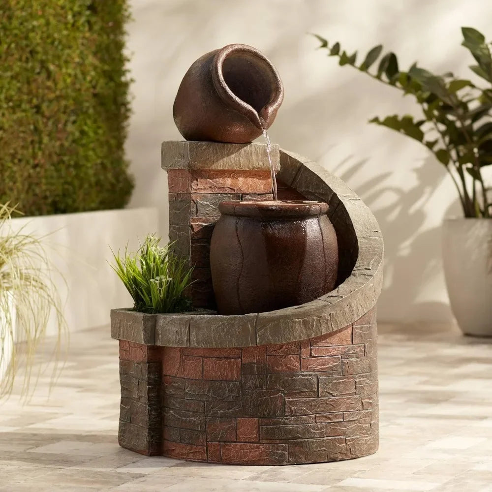 Stacked Garden Jug Outdoor Water Fountain with Brick Base