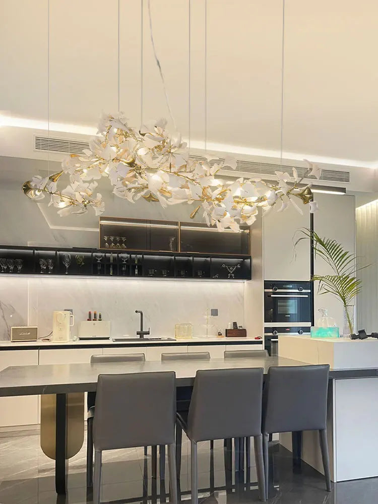 Sculptural Floral Leaf Linear Chandelier — Nature-Inspired Dining Room Pendant