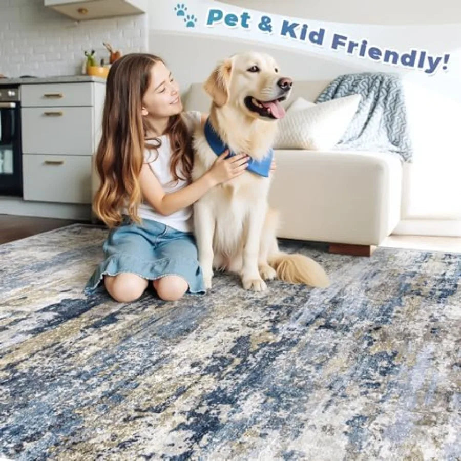 Abstract Watercolor Area Rug — Blue, Gray & Brown Modern Living Room Rug