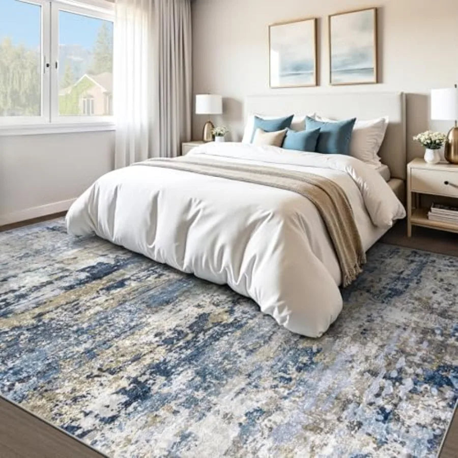 Abstract Watercolor Area Rug — Blue, Gray & Brown Modern Living Room Rug