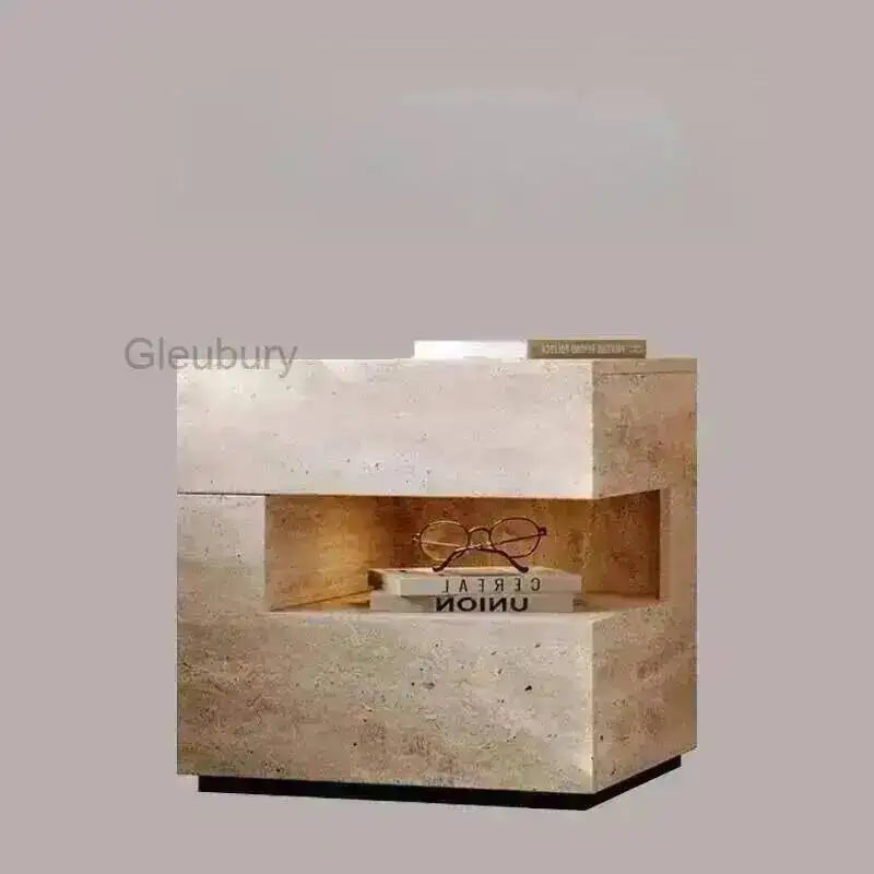 Travertine Stone Nightstand with LED Light Strip