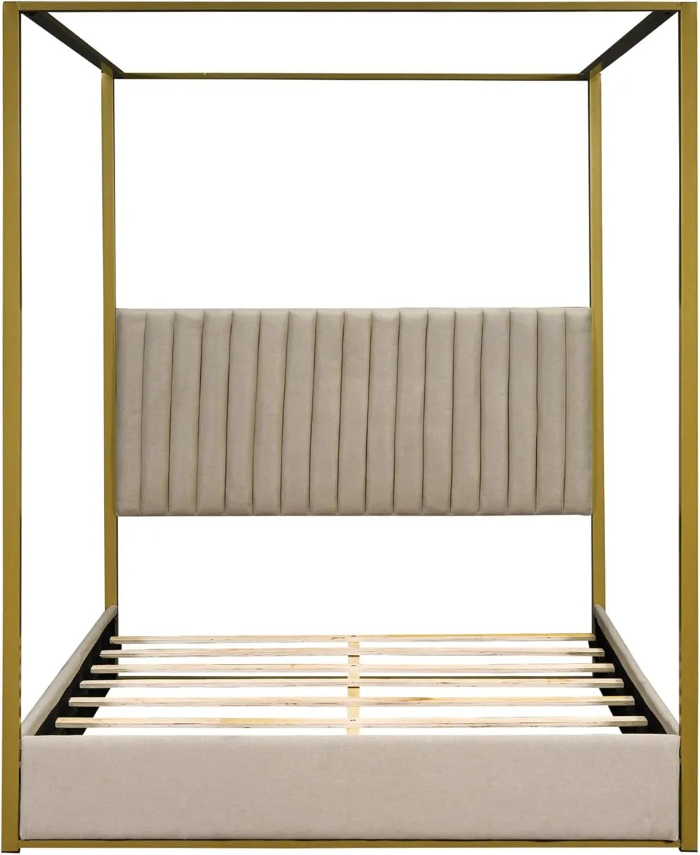 Luxe Gold Canopy Bed Frame with Upholstered Wingback Headboard | Queen Size