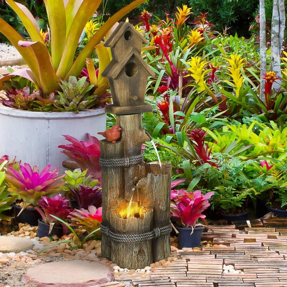 Rustic Birdhouse Wood Post Outdoor Fountain with LED Light