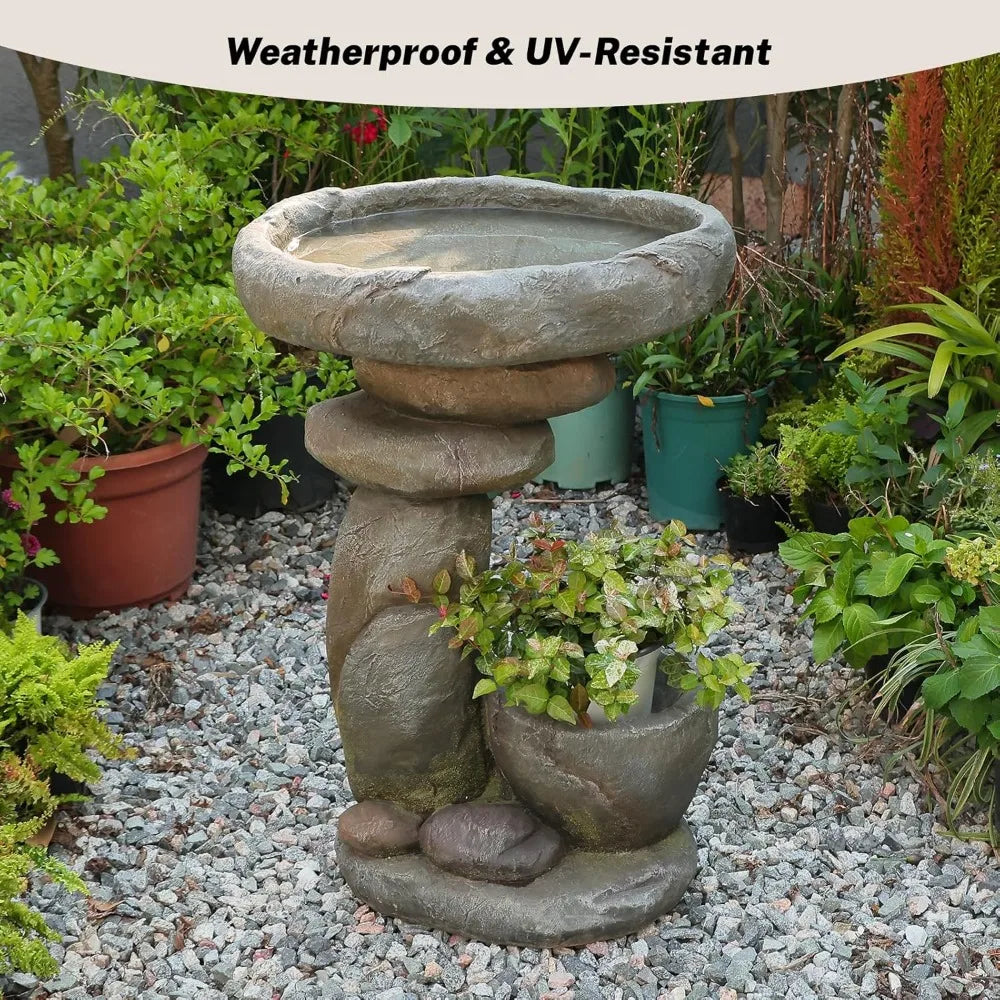 Stacked Stone Birdbath Garden Fountain with Planter Bowl