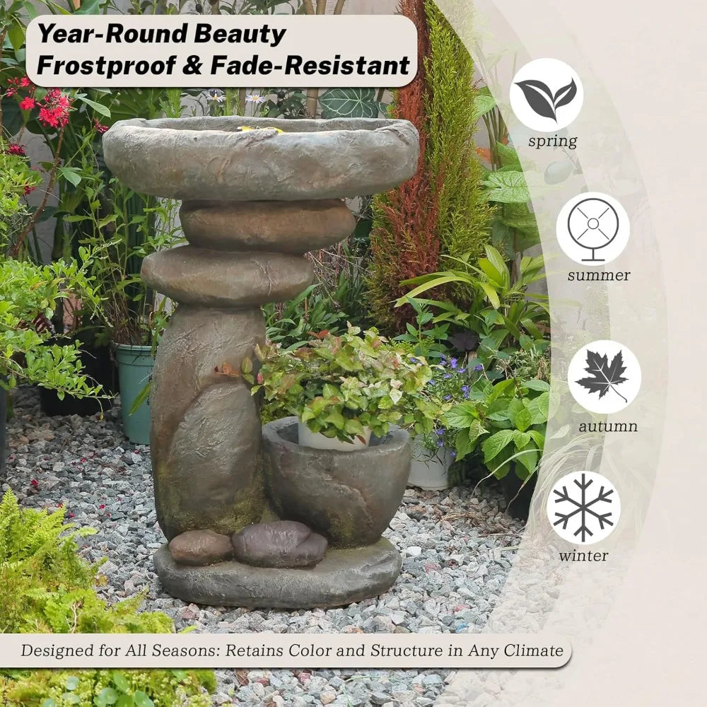Stacked Stone Birdbath Garden Fountain with Planter Bowl