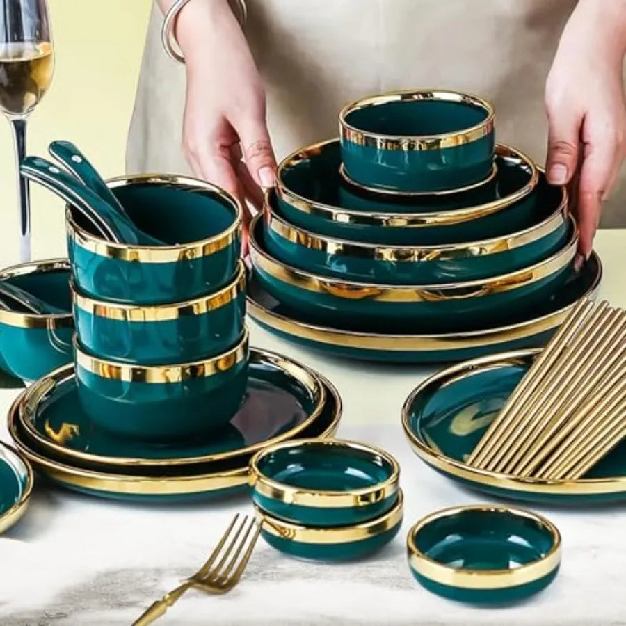 Emerald Gold Rim Ceramic Dinnerware Set