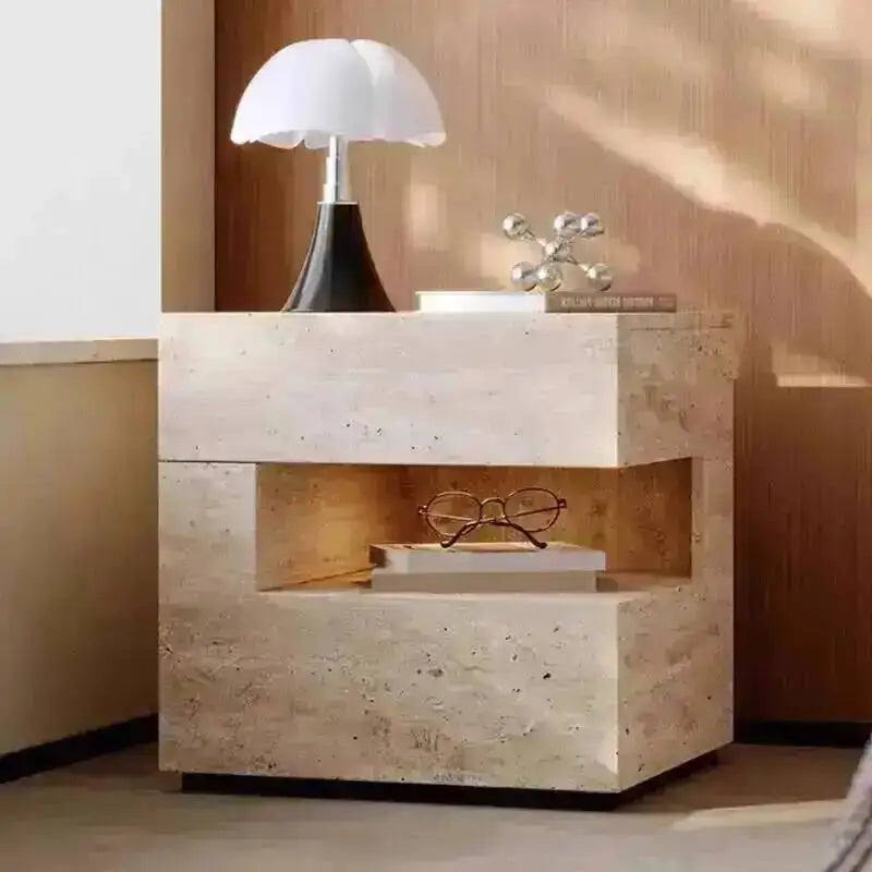 Travertine Stone Nightstand with LED Light Strip