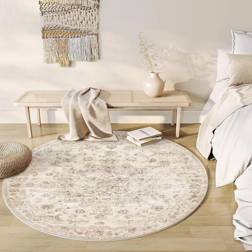 Round Vintage Floral Area Rug — Soft Cream & Beige Living Room Circle Rug