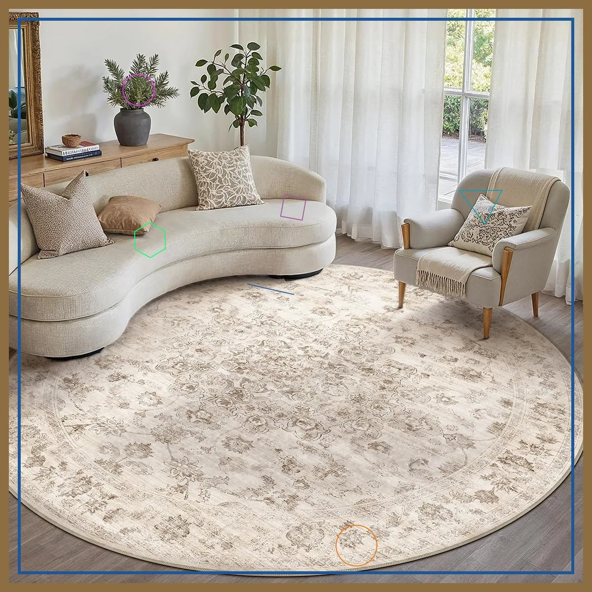 Round Vintage Floral Area Rug — Soft Cream & Beige Living Room Circle Rug