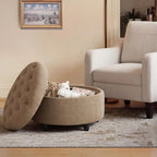 Round Fabric Storage Ottoman with Removable Tray Top