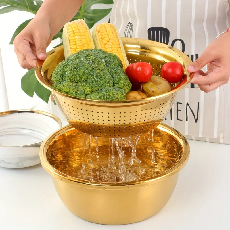 Gold Stainless Steel Multi-Function Grater & Colander Bowl Set