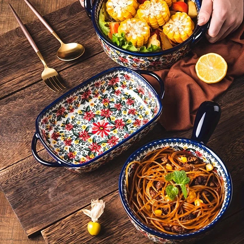 Polish Pottery Style 3-Piece Ceramic Cookware Set