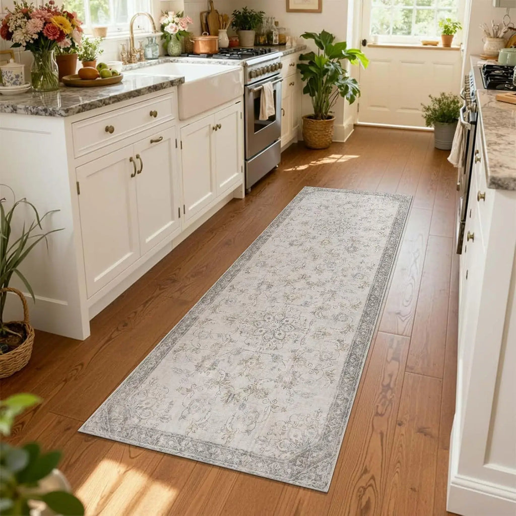 Persian Medallion Hallway Runner Rug — Vintage Floral Pattern in Soft Gray & Ivory