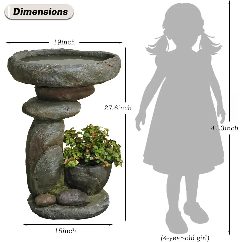 Stacked Stone Birdbath Garden Fountain with Planter Bowl